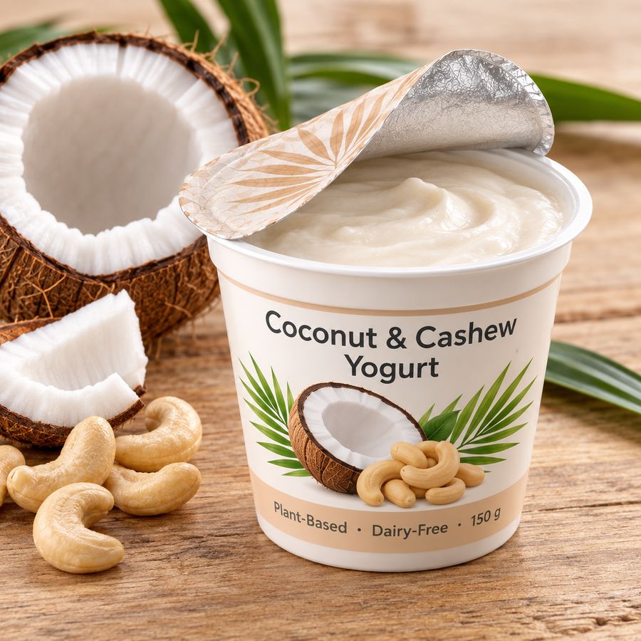 Open cup of coconut and cashew yogurt beside a halved coconut and cashews