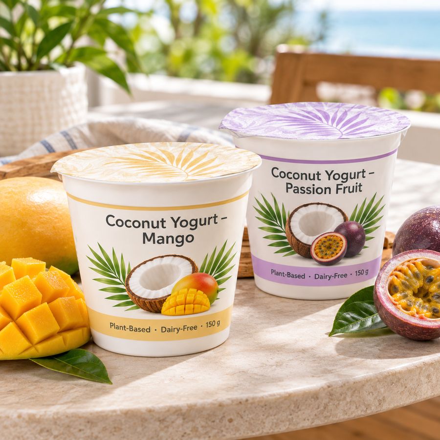 Mango and passion fruit coconut yogurt cups with fresh fruit
