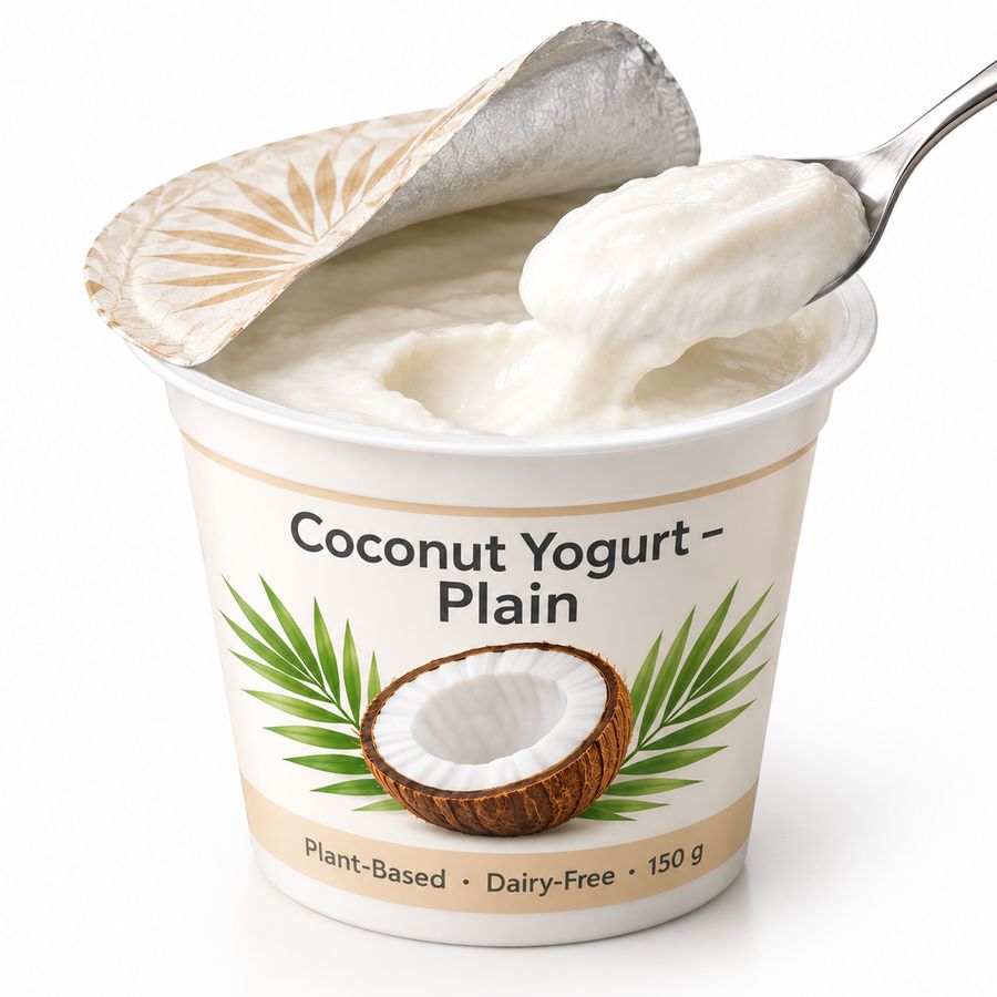Open cup of plain coconut yogurt with a spoon