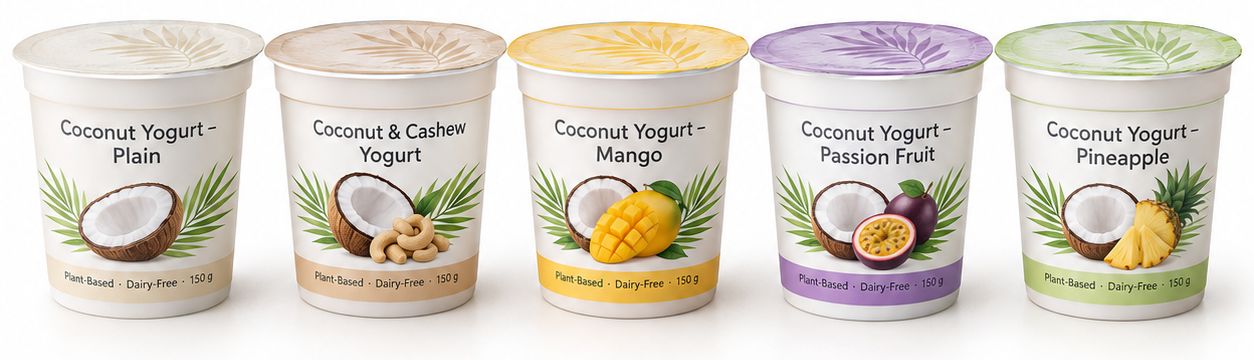 Concept range of five 150 g coconut yogurt cups: plain, coconut and cashew, mango, passion fruit and pineapple